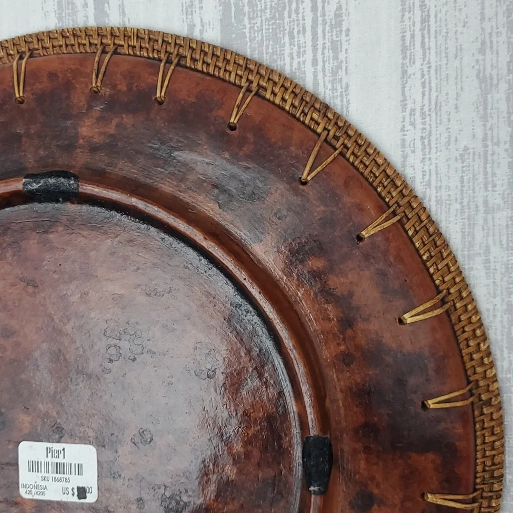 Pier 1 Imports Brown Tortoise Design 14” Wicker Border Catchall Bowl